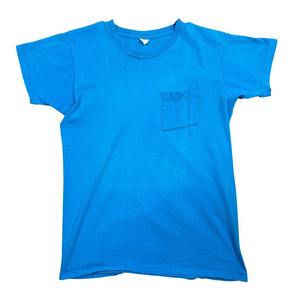 Vintage 70s Blue Selvedge Pocket Tee Men’s Medium Single Stitch T-Shirt USA